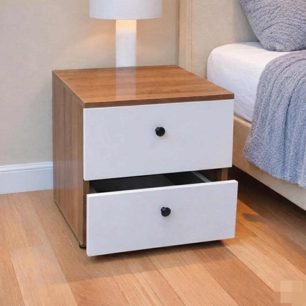 Julz White 2-Drawer Bedside Table with Black Handles – Modern Minimalist Nightstand for Bedroom Storage