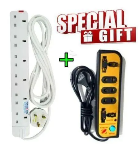 Power King Extension Cable With 6 AC Power Outlets, 13A, And 2 M Long Cable + Free GIFT 5 Way Extension