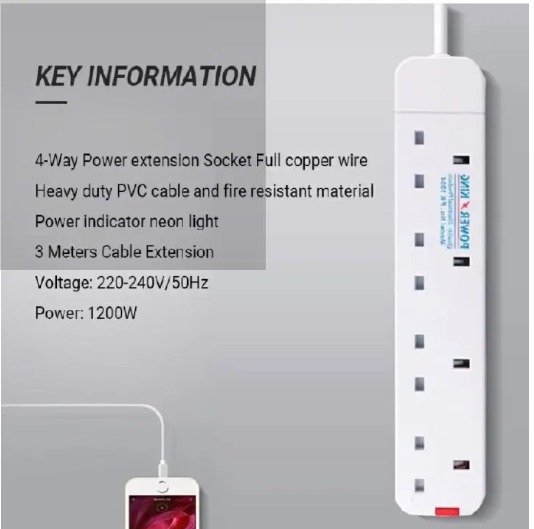 Power King Commercial & Home Best 4 Way Power Extension With Long Cable // Power extenson - White
