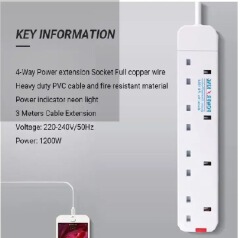 Power King Commercial & Home Best 4 Way Power Extension With Long Cable // Power extenson - White