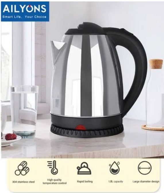 AILYONS 1.8/2/2.2 L Electric Kettle + FREE 4 way Extension Cable -- Water Heater & Boiler Jug- coil less water kettle heating jug silver Ailyons & Power King