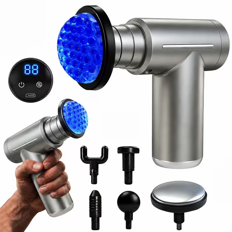 Electric Muscle Massager, Massage Gun, Vibrating Device, 6-Head Interchangeable Massage Gun with 6 Adjustable Settings, LCD Display, USB Rechargeable for Both Hot and Cold Compress, Father's Day Gift
