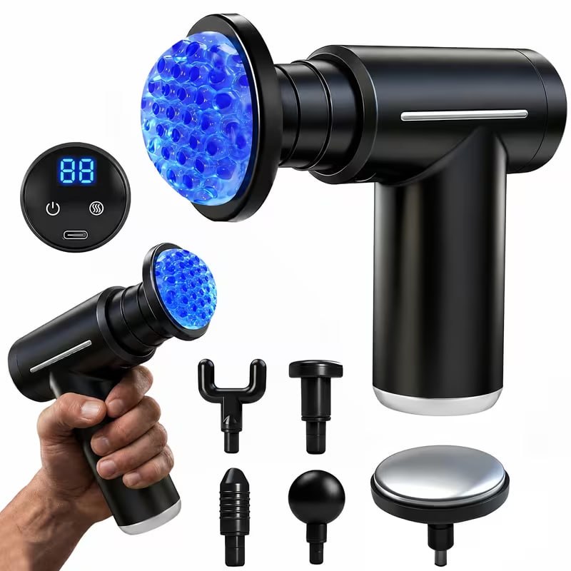 Electric Muscle Massager, Massage Gun, Vibrating Device, 6-Head Interchangeable Massage Gun with 6 Adjustable Settings, LCD Display, USB Rechargeable for Both Hot and Cold Compress, Father's Day Gift