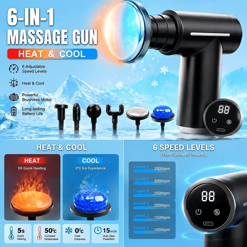 Electric Muscle Massager, Massage Gun, Vibrating Device, 6-Head Interchangeable Massage Gun with 6 Adjustable Settings, LCD Display, USB Rechargeable for Both Hot and Cold Compress, Father's Day Gift
