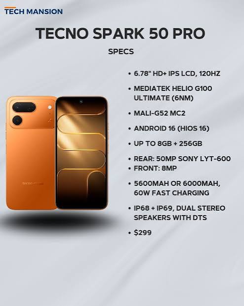[BRAND NEW] Tecno Spark 50 Pro 256GB ROM+8GB RAM 6.78-inch'50MP f/1.8 PDAF + 8MP f/2.0 selfie,Battery: 5600mAh'OS: Android 16, HiOS 16'MediaTek Helio G100+12 MONTHS FREE WARRANTY PHONE SMARTPHONE