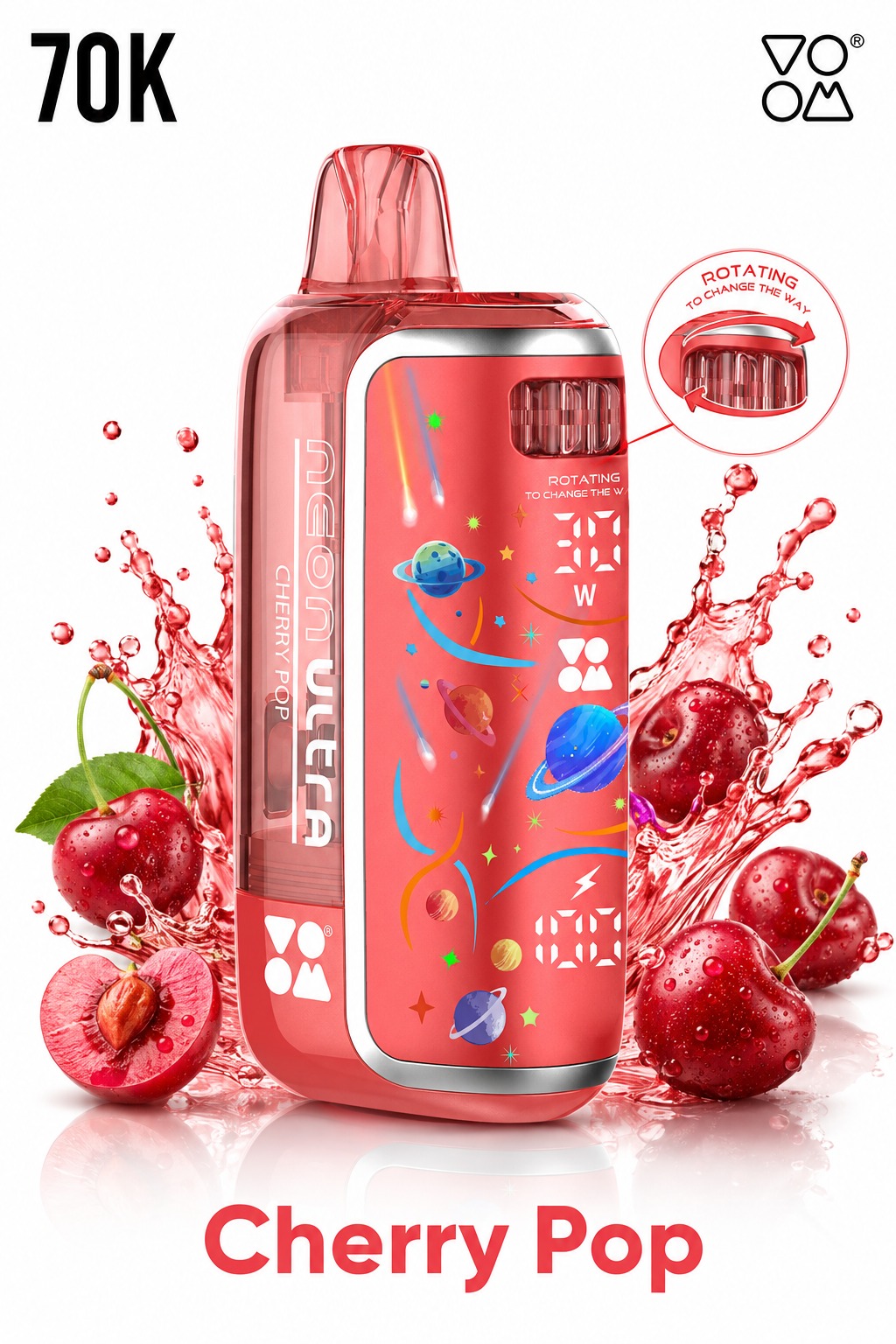 VOOM 70K Puffs Neon Ultra Rechargeable Disposable Pod – Adjustable Wattage, Rotating Airflow, Digital Display, Type-C Charging- – 10W-30W Power Gear Switch