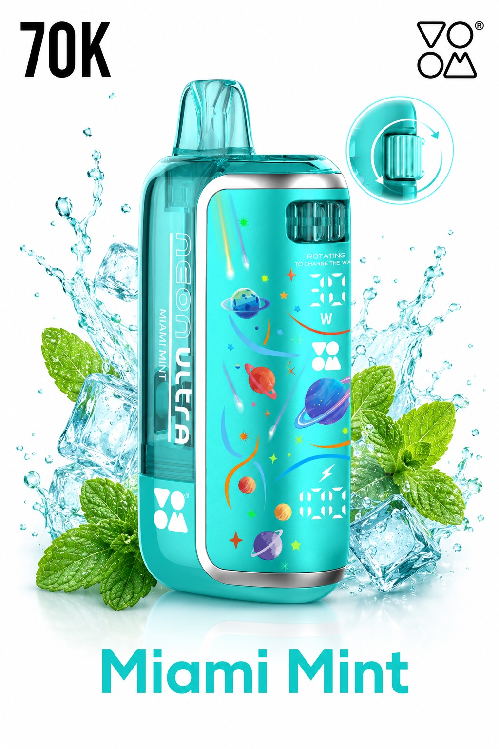 VOOM 70K Puffs Neon Ultra Rechargeable Disposable Pod – Adjustable Wattage, Rotating Airflow, Digital Display, Type-C Charging- – 10W-30W Power Gear Switch
