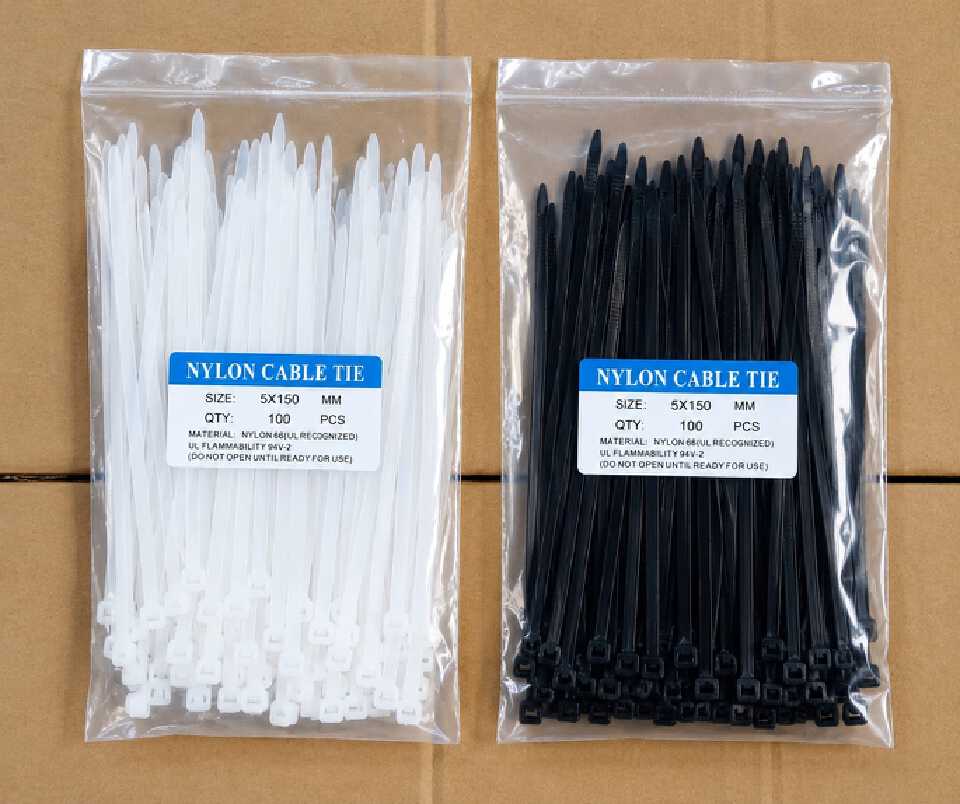 100Pcs Nylon Cable Ties Black & White – Heavy-Duty Zip Ties, 5mm Width, 150mm–400mm Various Sizes