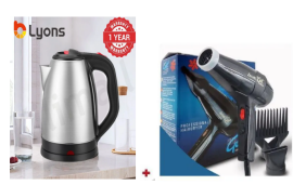 LYONS Cordless Stainless Steel Electric Kettle plus FREE Ceriotti Hair Blow Dryer and FREE Sundabests Power King Heavy Duty 4-Way Extension