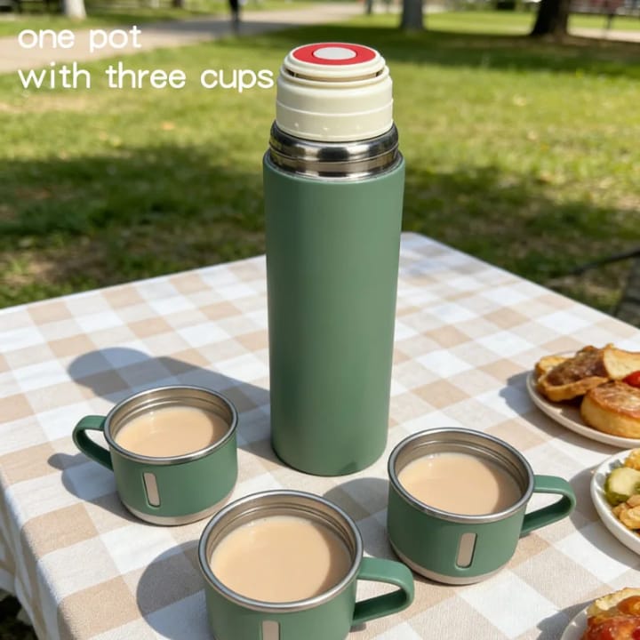 500ml vacuum flask set portable with 3 cups and comes with double insulation