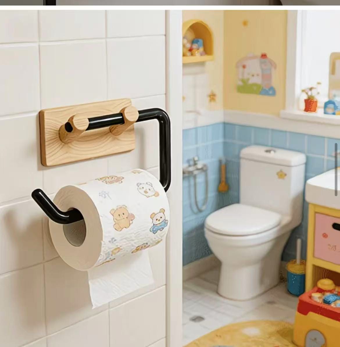 Wood Grain No-Drill Toilet Paper Holder,  Toilet Paper Roll Holder No Drilling Toilet Tissue Dispenser for Washrooms Bathroom Kitchen