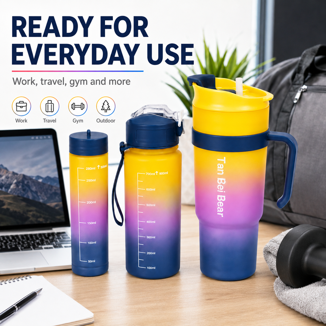 3-in-1 Gradient Nesting Water Bottle Set, Space-Saving Portable Cup with Straw and Handle
