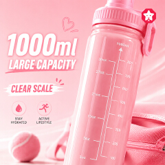 1000ml Large Capacity Water Bottle for Women - Cute Pink Motivational Sports Water Jug with Clear Time Scale & Flip Top Lid
