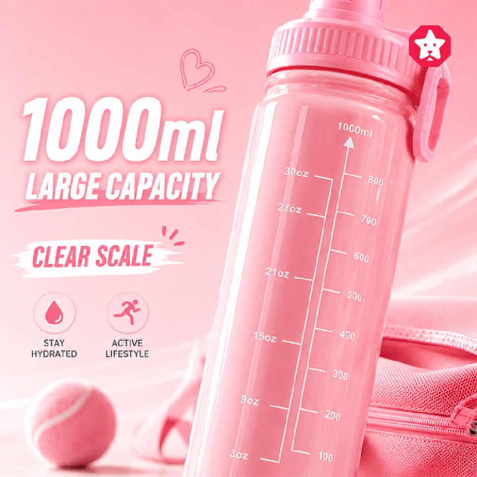 1000ml Large Capacity Water Bottle for Women - Cute Pink Motivational Sports Water Jug with Clear Time Scale & Flip Top Lid