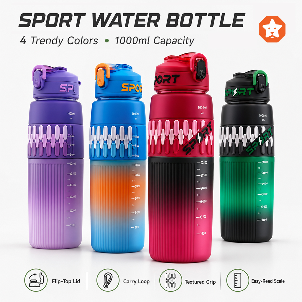 1000ml Sport Water Bottle with Flip-Top Lid, Carry Loop, Easy-Read Scale and Textured Grip