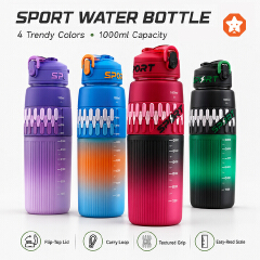 1000ml Sport Water Bottle with Flip-Top Lid, Carry Loop, Easy-Read Scale and Textured Grip