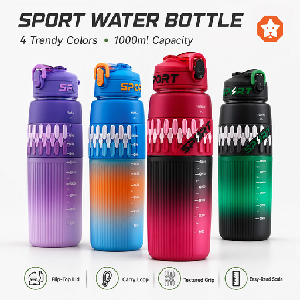 1000ml Sport Water Bottle with Flip-Top Lid, Carry Loop, Easy-Read Scale and Textured Grip