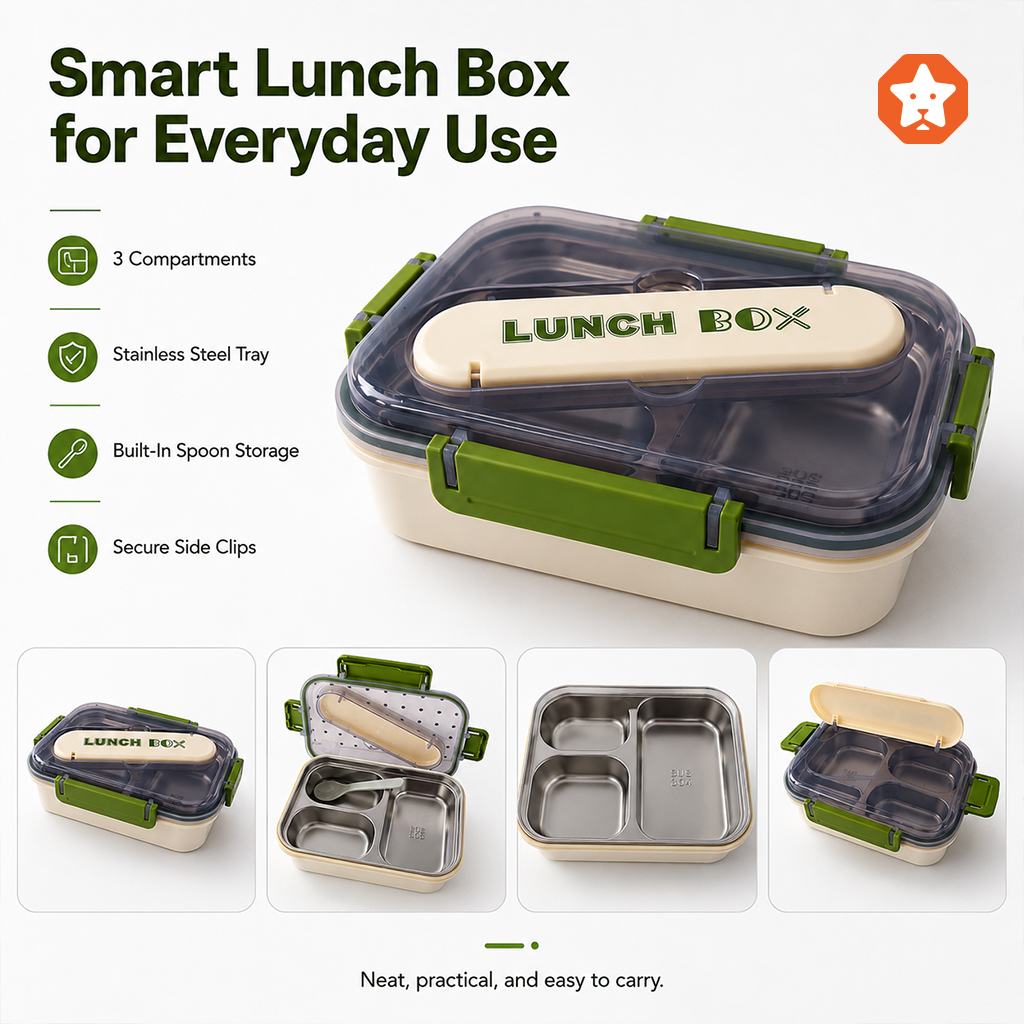 Portable Bento Lunch Box with 3 Compartments, Stainless Steel Inner Tray, Spoon Storage Lid and Secure Locking Clips