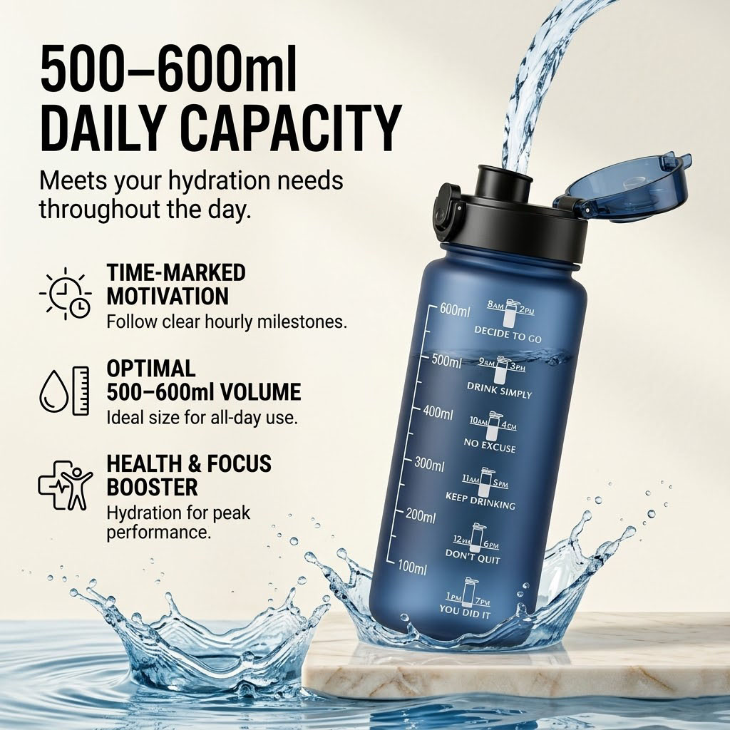 Large 800ml Motivational Sports Water Bottle BPA Free with Hourly Drinking Tracker & Leakproof Lid - Gym Fitness Workout Hydration Flask