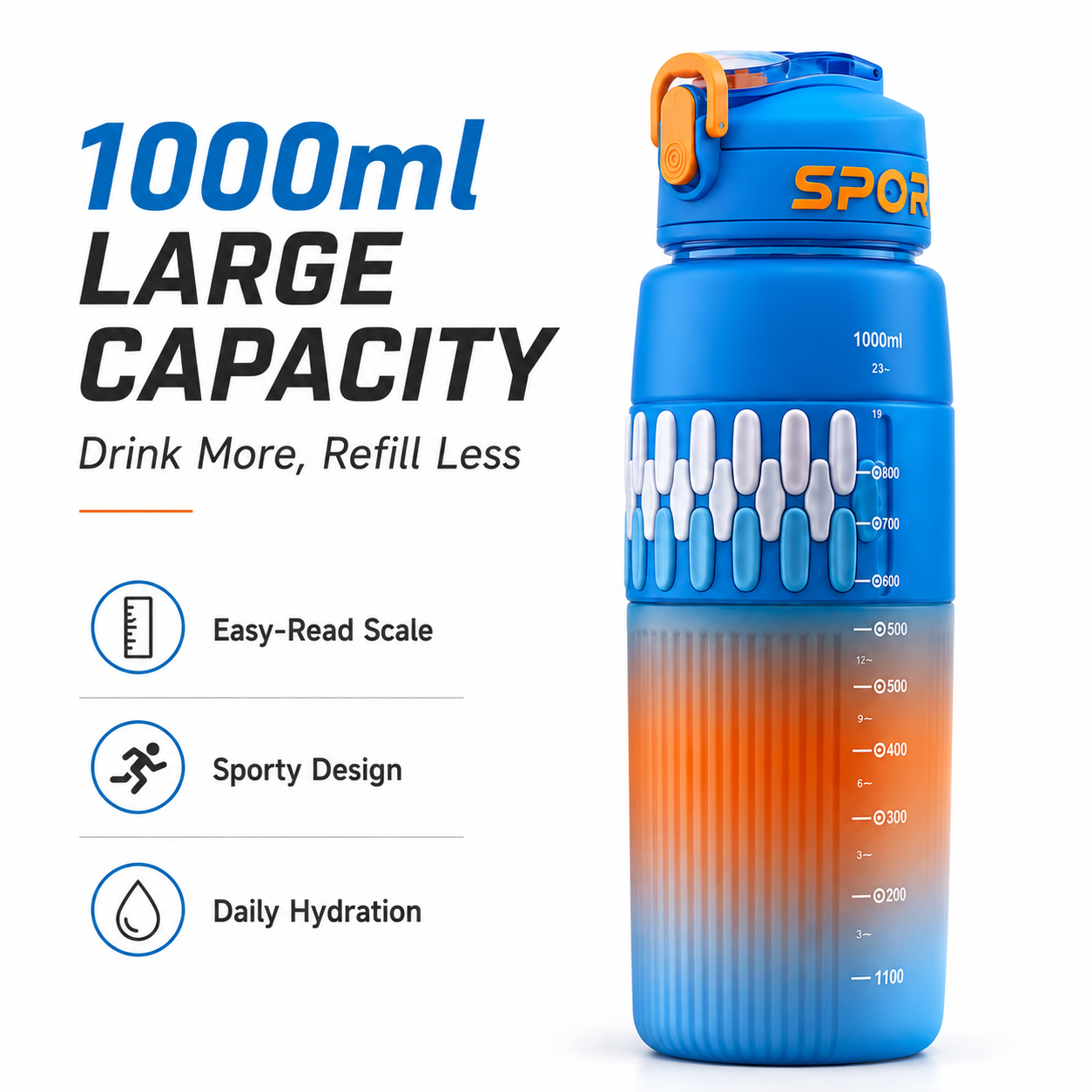 1000ml Sport Water Bottle with Flip-Top Lid, Carry Loop, Easy-Read Scale and Textured Grip