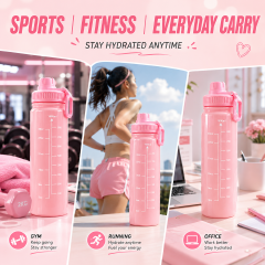 1000ml Large Capacity Water Bottle for Women - Cute Pink Motivational Sports Water Jug with Clear Time Scale & Flip Top Lid