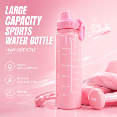 1000ml Large Capacity Water Bottle for Women - Cute Pink Motivational Sports Water Jug with Clear Time Scale & Flip Top Lid