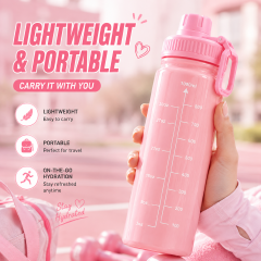 1000ml Large Capacity Water Bottle for Women - Cute Pink Motivational Sports Water Jug with Clear Time Scale & Flip Top Lid