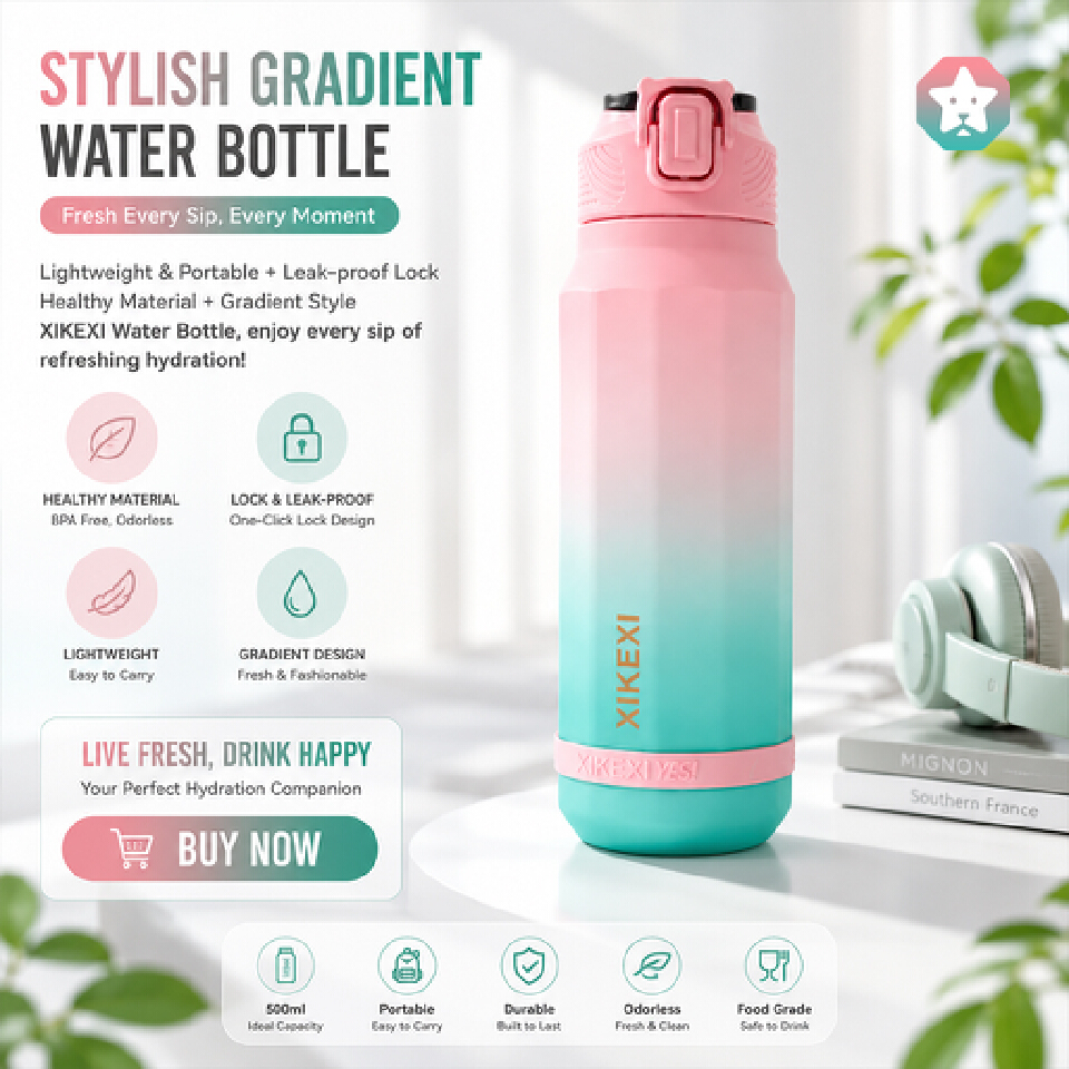 XIKEXI Portable Gradient Sports Water Bottle with Flip-Top Lid, Leakproof Lock and Large Capacity Design