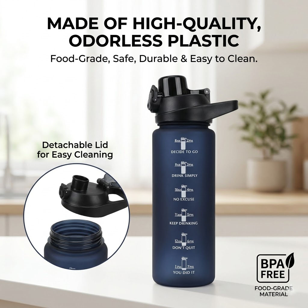Large 800ml Motivational Sports Water Bottle BPA Free with Hourly Drinking Tracker & Leakproof Lid - Gym Fitness Workout Hydration Flask