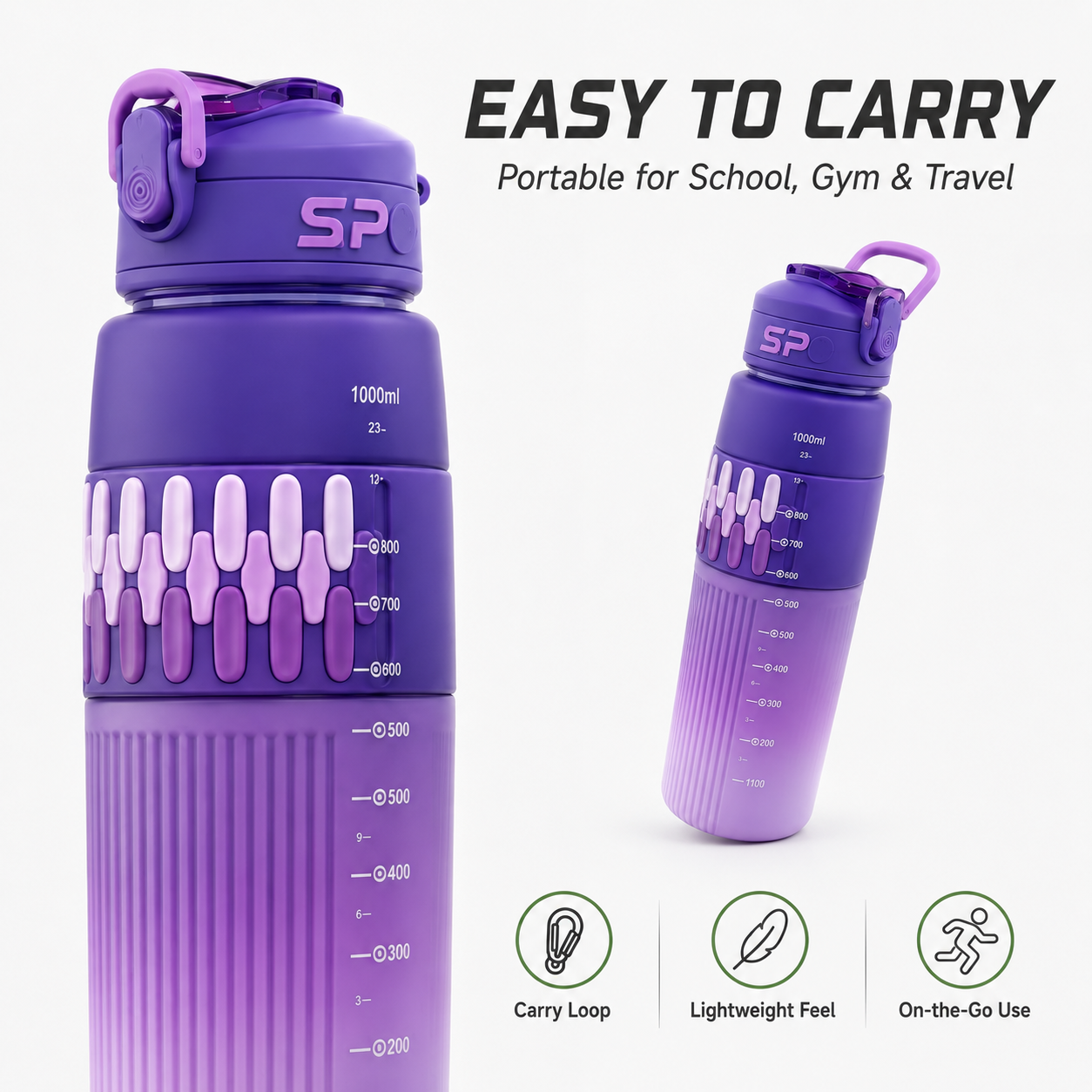1000ml Sport Water Bottle with Flip-Top Lid, Carry Loop, Easy-Read Scale and Textured Grip