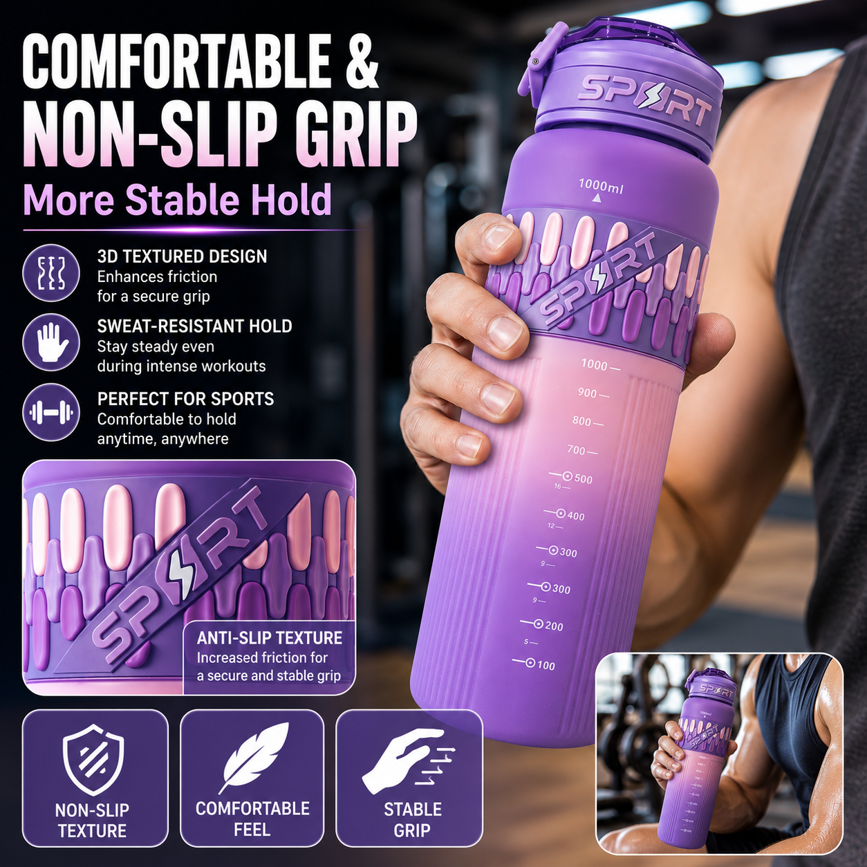 1000ml Sport Water Bottle with Flip-Top Lid, Carry Loop, Easy-Read Scale and Textured Grip