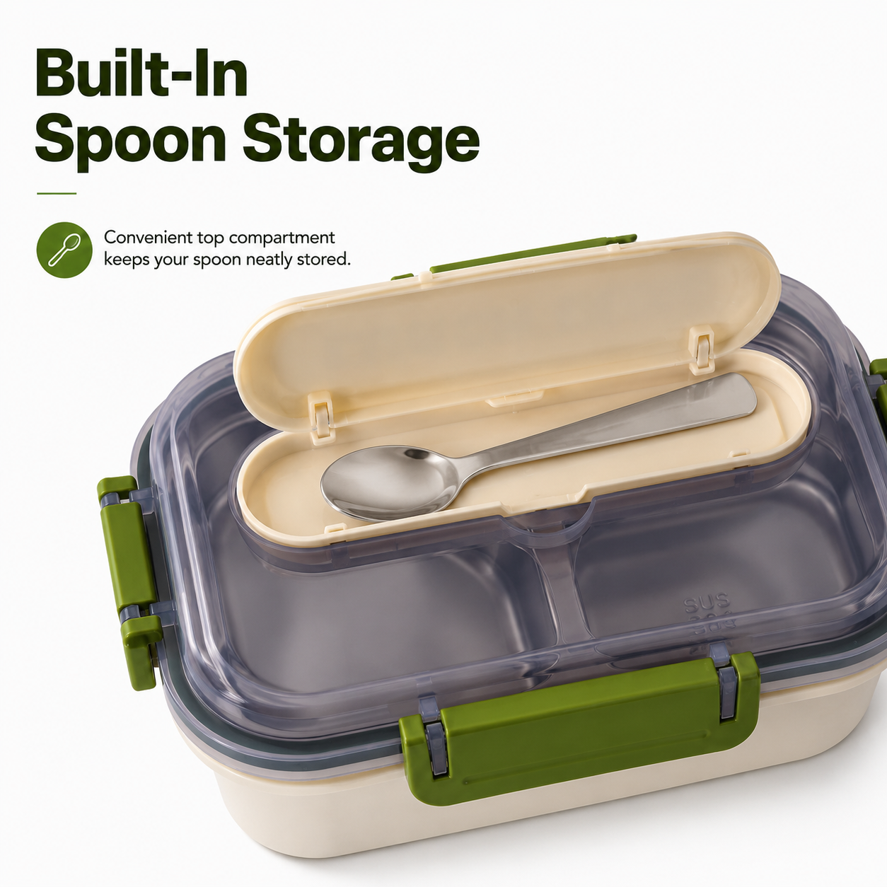 Portable Bento Lunch Box with 3 Compartments, Stainless Steel Inner Tray, Spoon Storage Lid and Secure Locking Clips