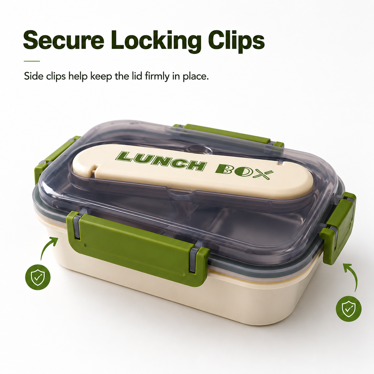 Portable Bento Lunch Box with 3 Compartments, Stainless Steel Inner Tray, Spoon Storage Lid and Secure Locking Clips