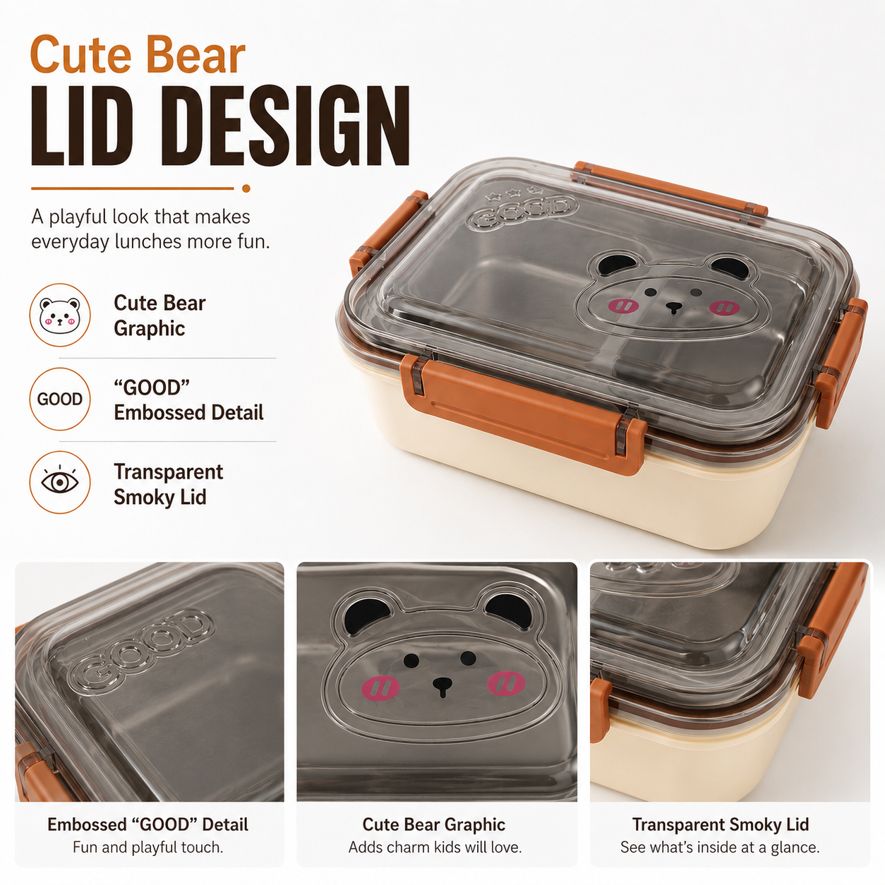 Cute Portable Lunch Box with 3 Compartments, Stainless Steel Inner Tray, Spoon and Secure Locking Clips