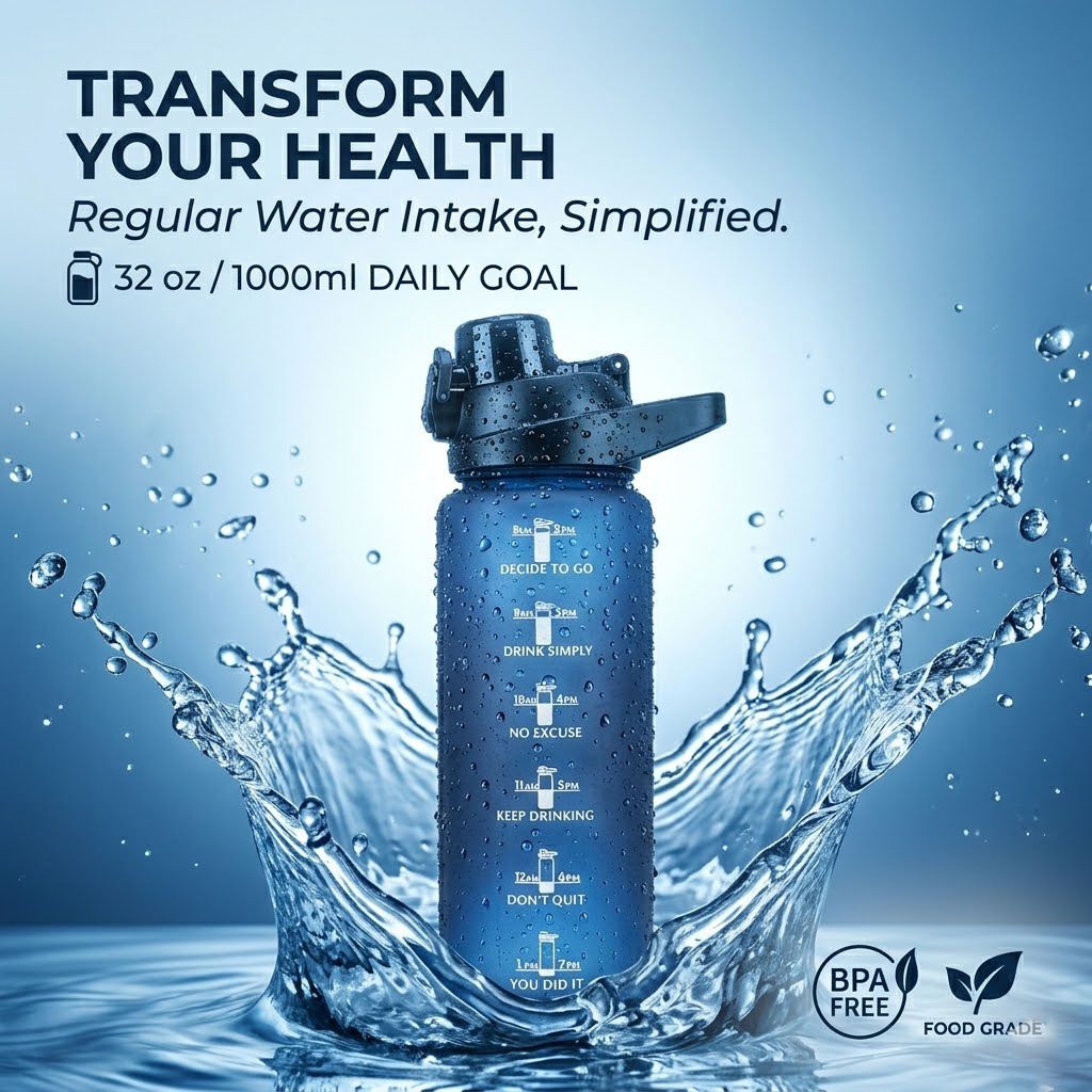 Large 800ml Motivational Sports Water Bottle BPA Free with Hourly Drinking Tracker & Leakproof Lid - Gym Fitness Workout Hydration Flask