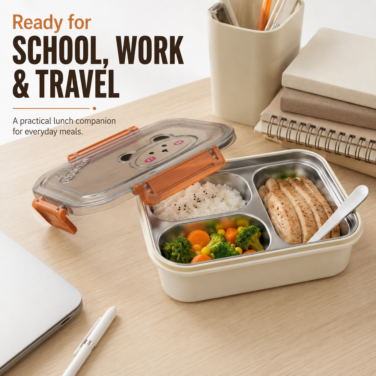 Cute Portable Lunch Box with 3 Compartments, Stainless Steel Inner Tray, Spoon and Secure Locking Clips