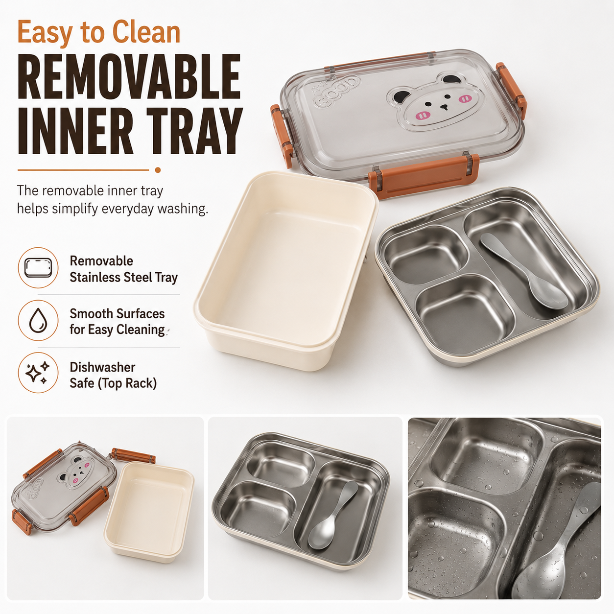 Cute Portable Lunch Box with 3 Compartments, Stainless Steel Inner Tray, Spoon and Secure Locking Clips