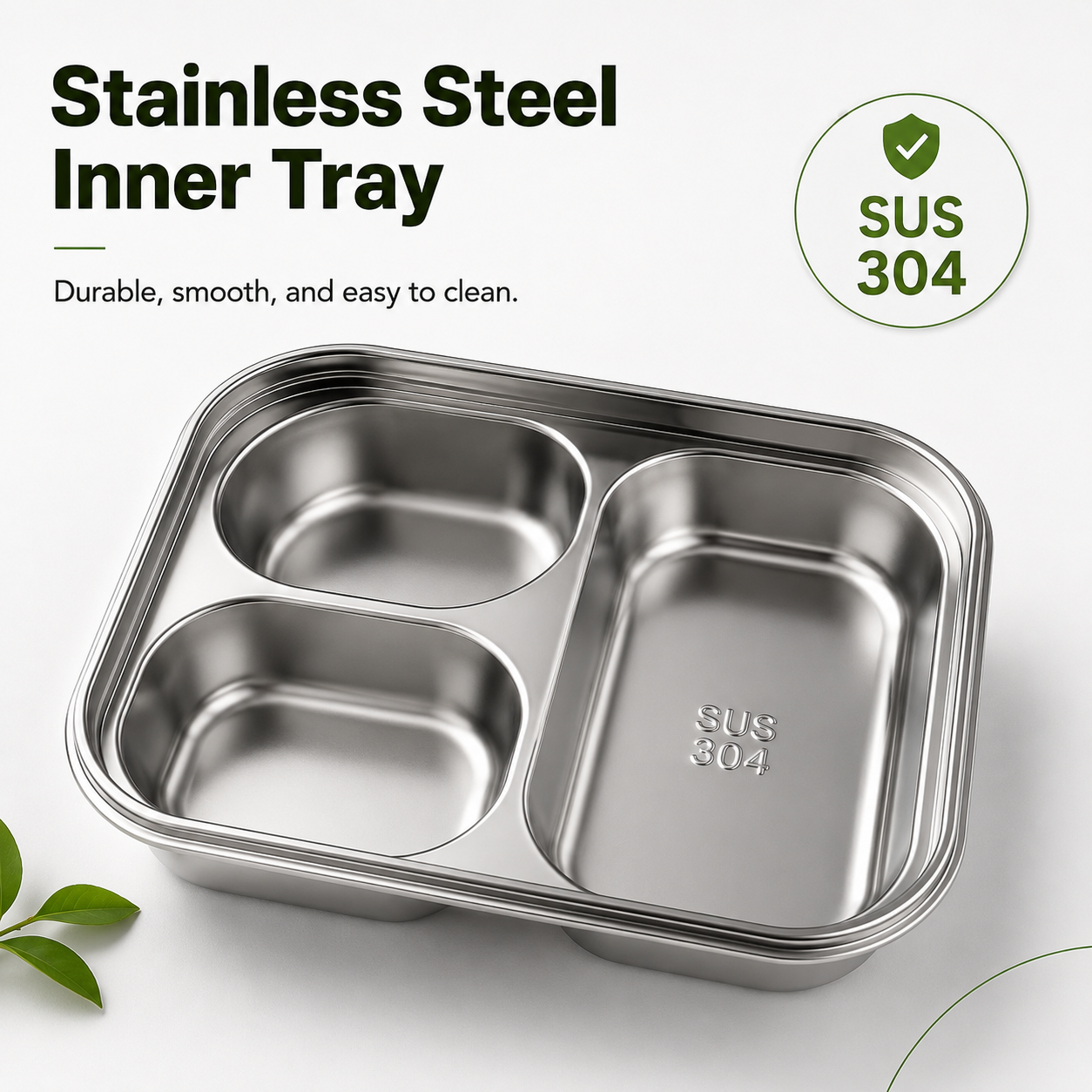 Portable Bento Lunch Box with 3 Compartments, Stainless Steel Inner Tray, Spoon Storage Lid and Secure Locking Clips