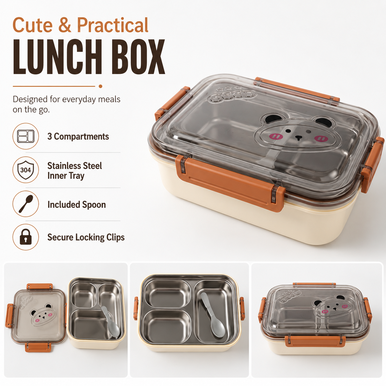 Cute Portable Lunch Box with 3 Compartments, Stainless Steel Inner Tray, Spoon and Secure Locking Clips