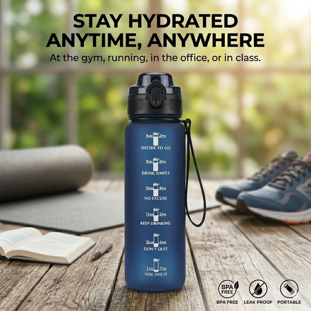 Large 800ml Motivational Sports Water Bottle BPA Free with Hourly Drinking Tracker & Leakproof Lid - Gym Fitness Workout Hydration Flask