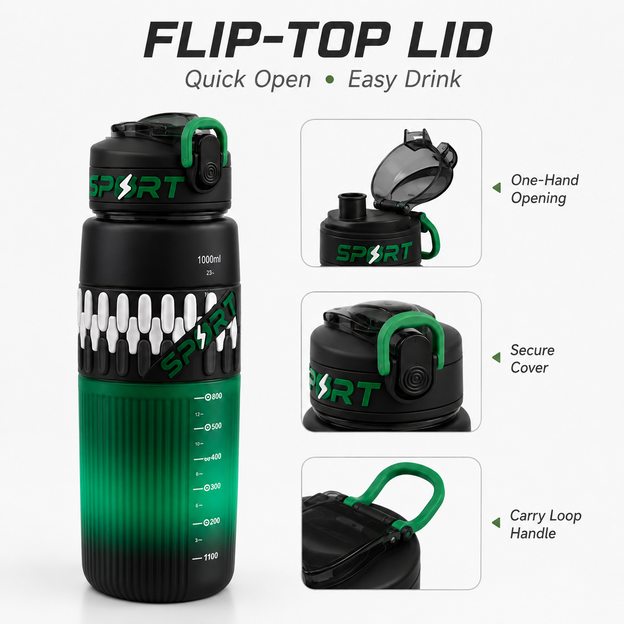 1000ml Sport Water Bottle with Flip-Top Lid, Carry Loop, Easy-Read Scale and Textured Grip