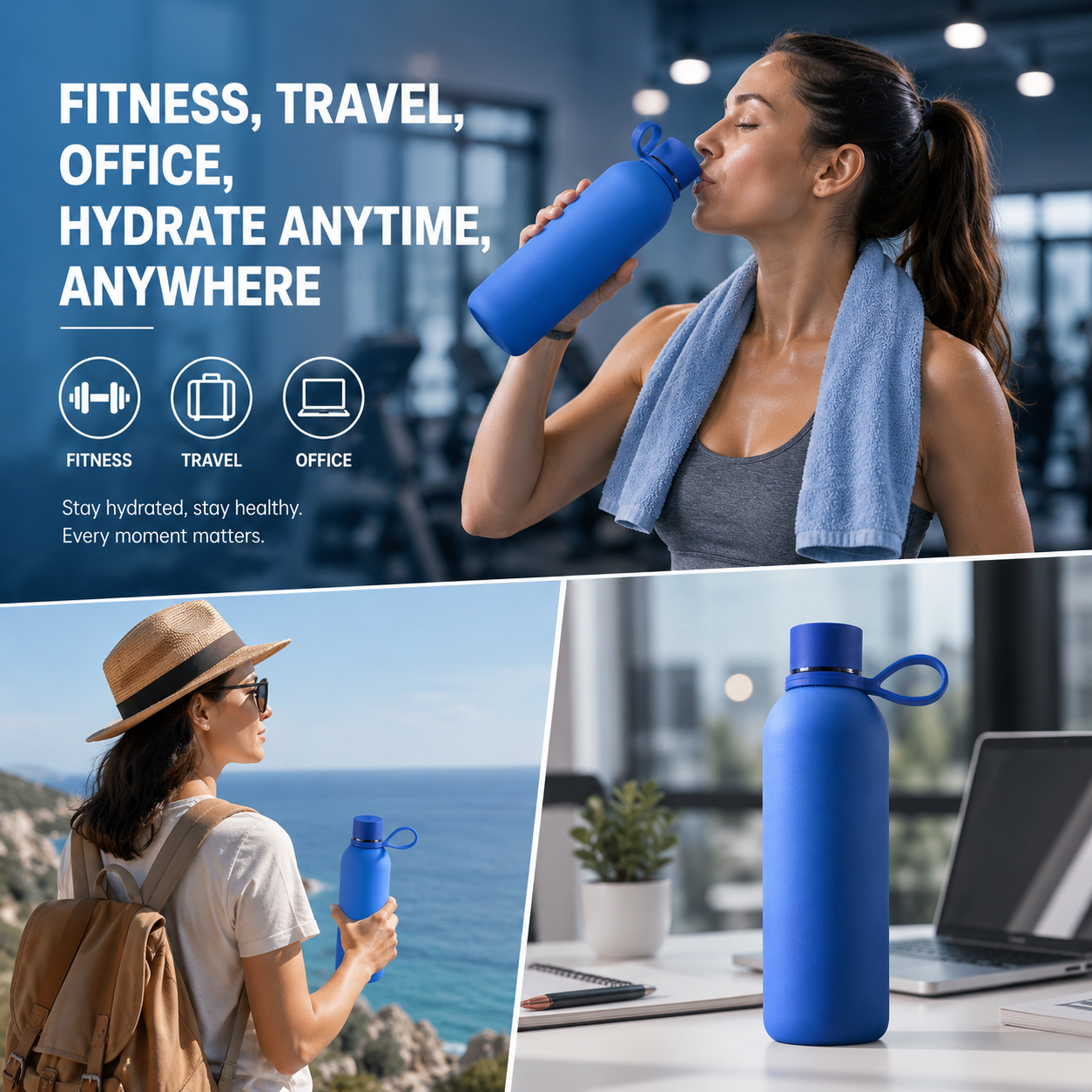 Premium Blue Water Bottle Leakproof with Handle - Large Capacity BPA Free Plastic Sports Thermos Flask for Gym, School & Outdoor Kenya