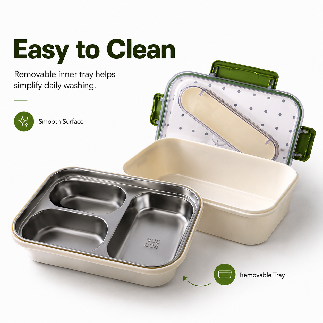 Portable Bento Lunch Box with 3 Compartments, Stainless Steel Inner Tray, Spoon Storage Lid and Secure Locking Clips