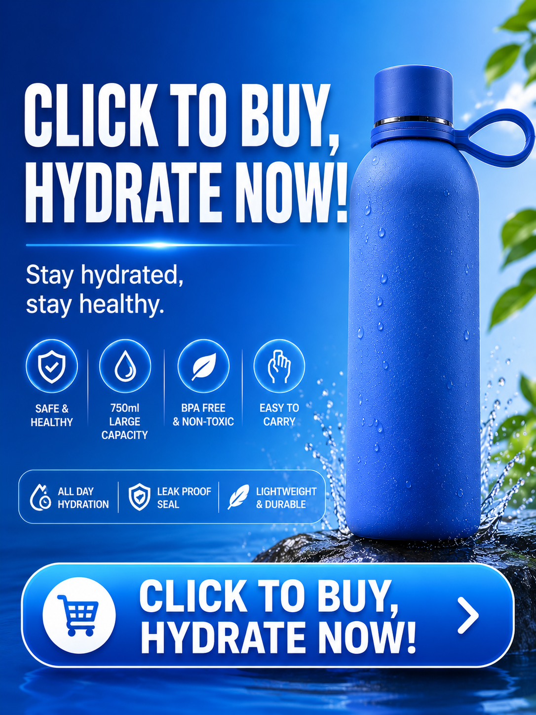 Premium Blue Water Bottle Leakproof with Handle - Large Capacity BPA Free Plastic Sports Thermos Flask for Gym, School & Outdoor Kenya