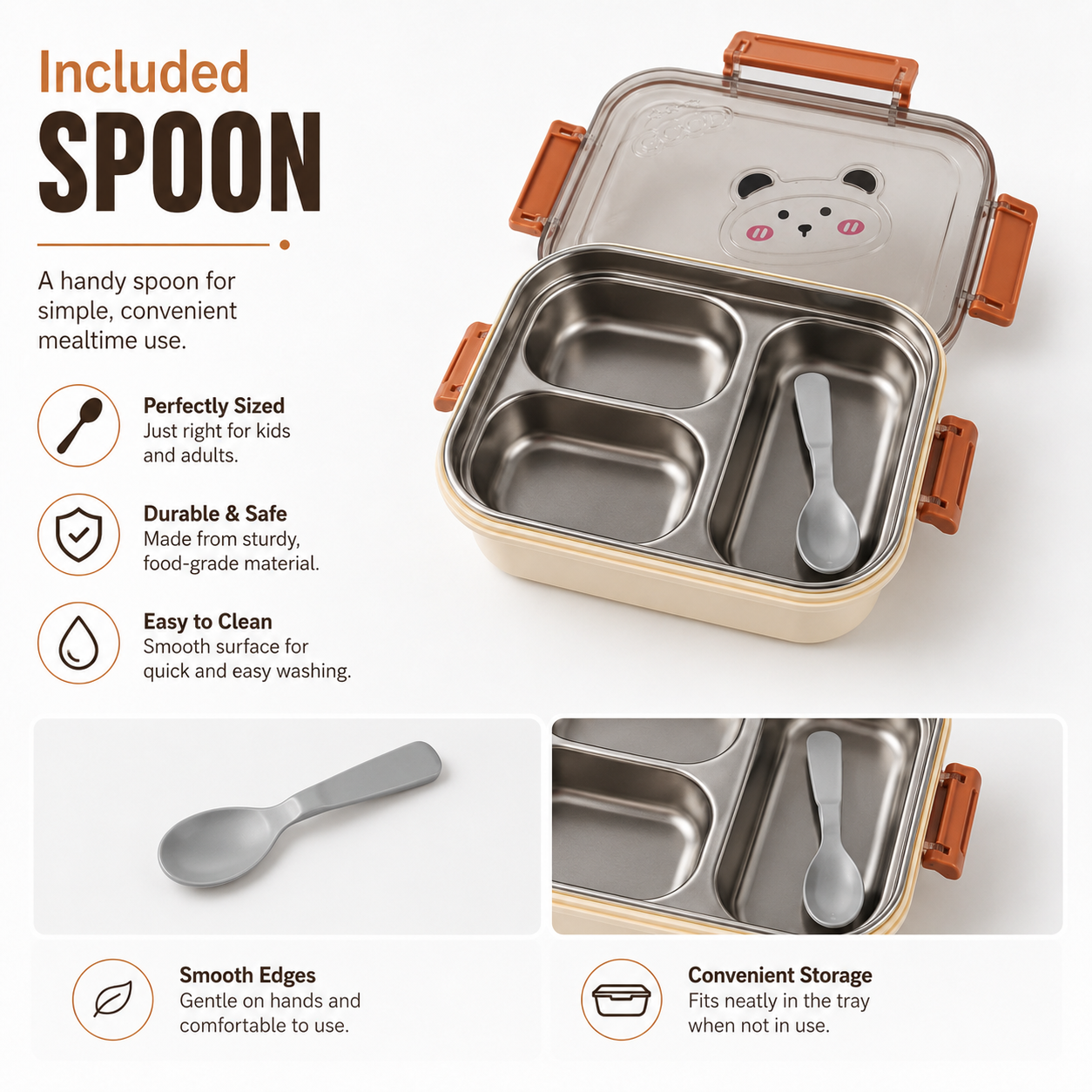 Cute Portable Lunch Box with 3 Compartments, Stainless Steel Inner Tray, Spoon and Secure Locking Clips