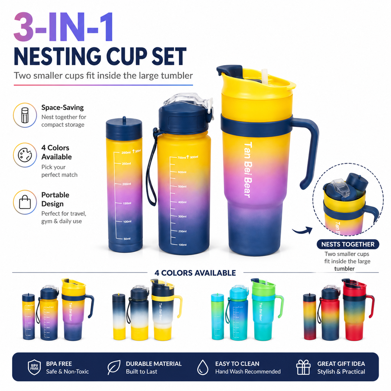 3-in-1 Gradient Nesting Water Bottle Set, Space-Saving Portable Cup with Straw and Handle