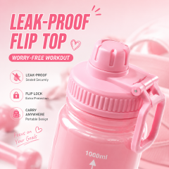 1000ml Large Capacity Water Bottle for Women - Cute Pink Motivational Sports Water Jug with Clear Time Scale & Flip Top Lid