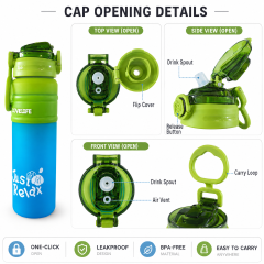 Portable Flip-Top Water Bottle with Carry Loop, Wide Mouth Sports Bottle for School, Travel & Outdoor Use
