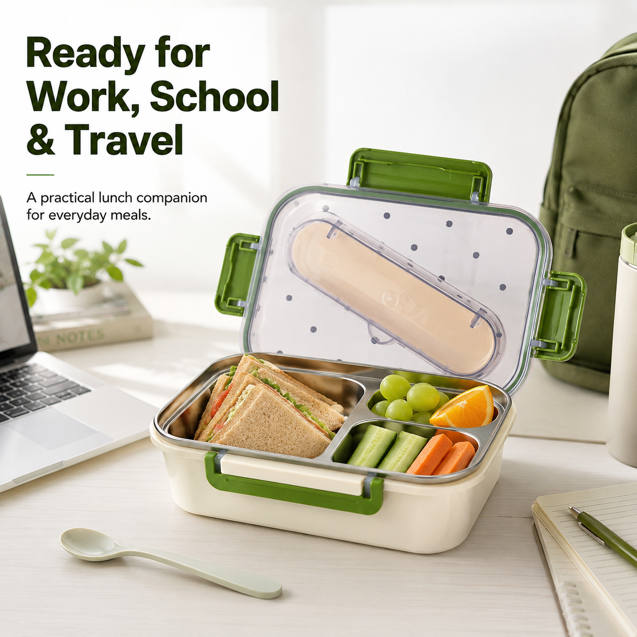 Portable Bento Lunch Box with 3 Compartments, Stainless Steel Inner Tray, Spoon Storage Lid and Secure Locking Clips