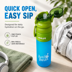 Portable Flip-Top Water Bottle with Carry Loop, Wide Mouth Sports Bottle for School, Travel & Outdoor Use